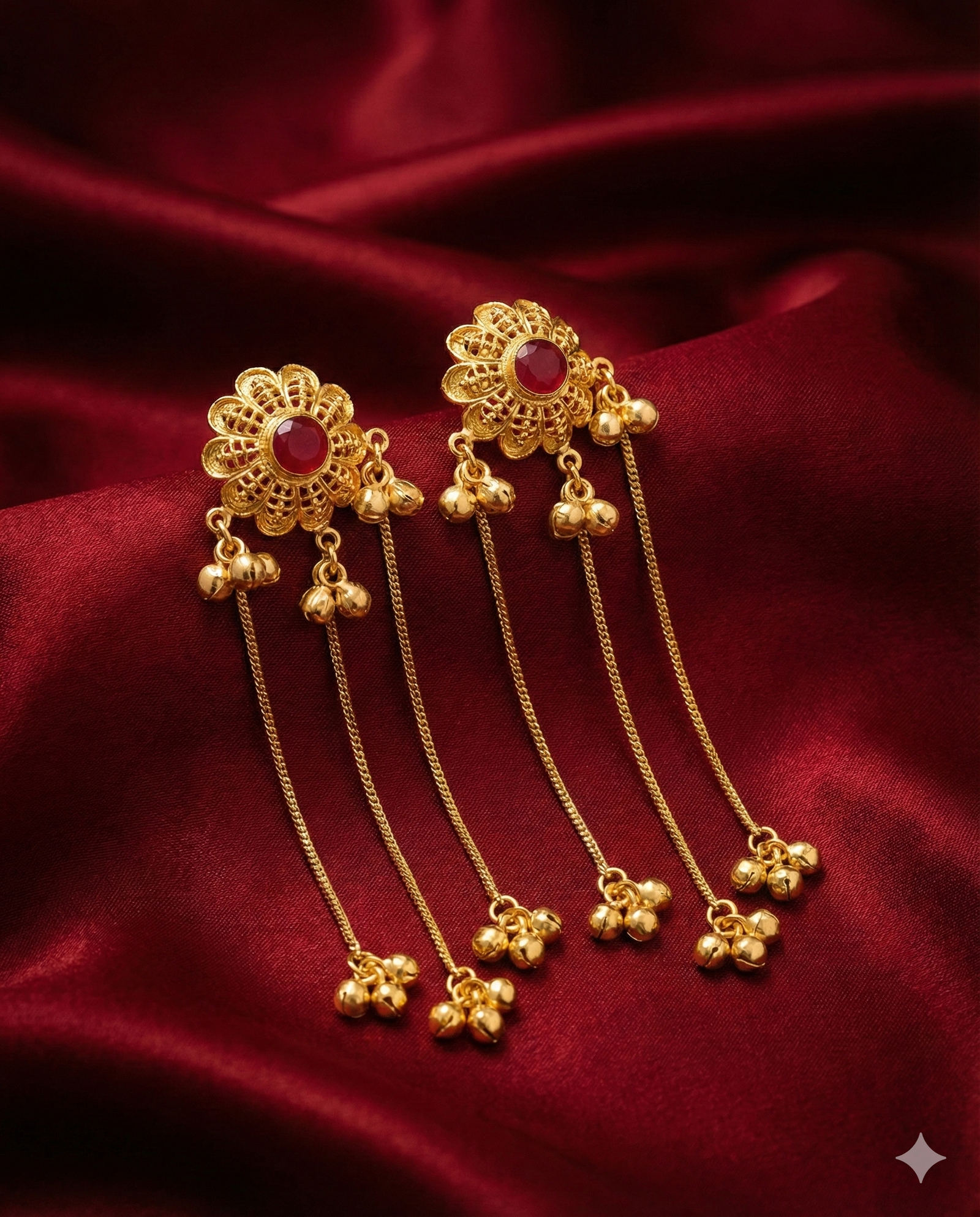 Traditional Gold-Tone Floral Chain Drop Earrings with Red Stone